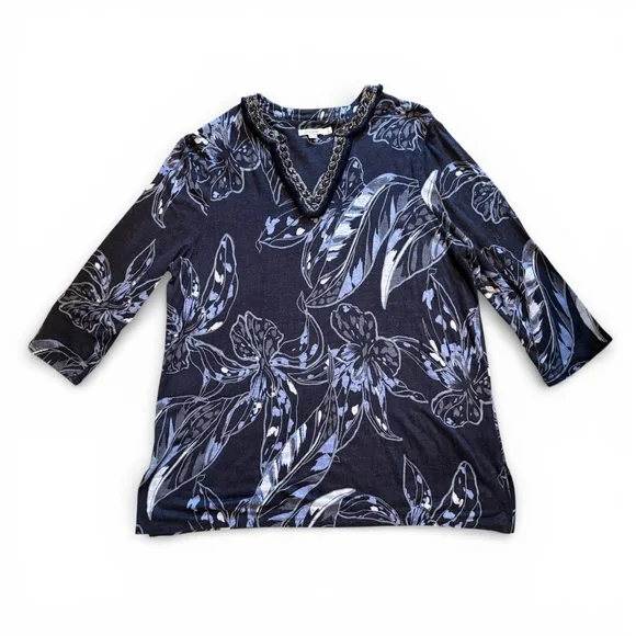 ✨ Chico’s Navy & White Floral Linen Tunic | Breezy Coastal Chic Sz 3 (16/18) - Picture 5 of 9